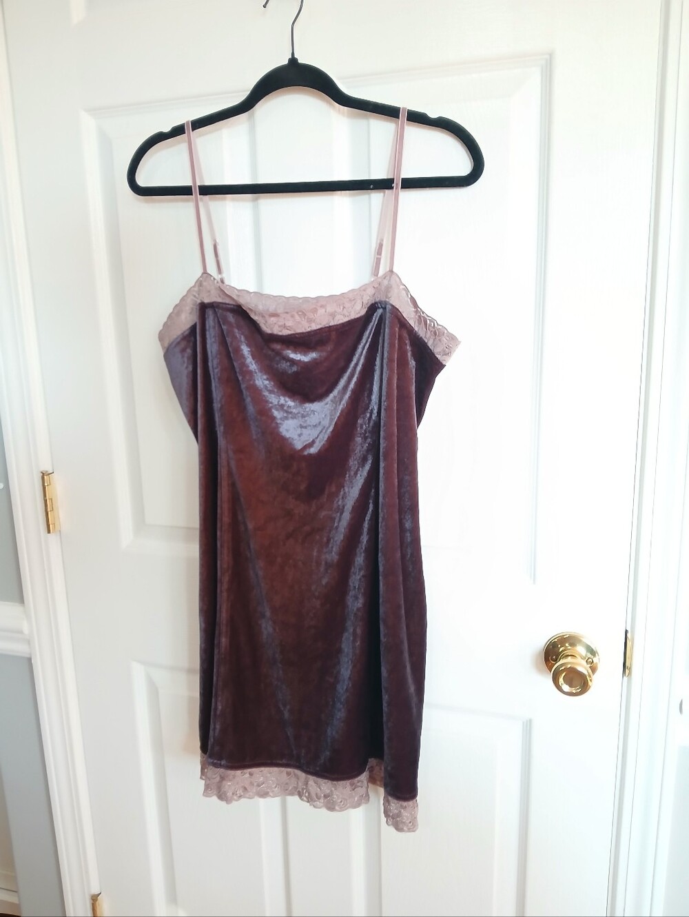 Delicates Velvet Lace-Trim Slip Dress in Deep Purple With Mauve Lace Sexy Boho